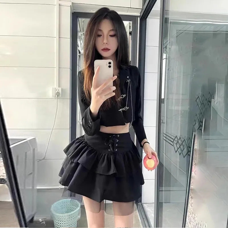 Women's Summer Y2k Multi-Layered Mesh Cake Skirt High Waisted Mesh Lace Patchwork Lace Up JK Skirt Fluffy Cake Skirt Black