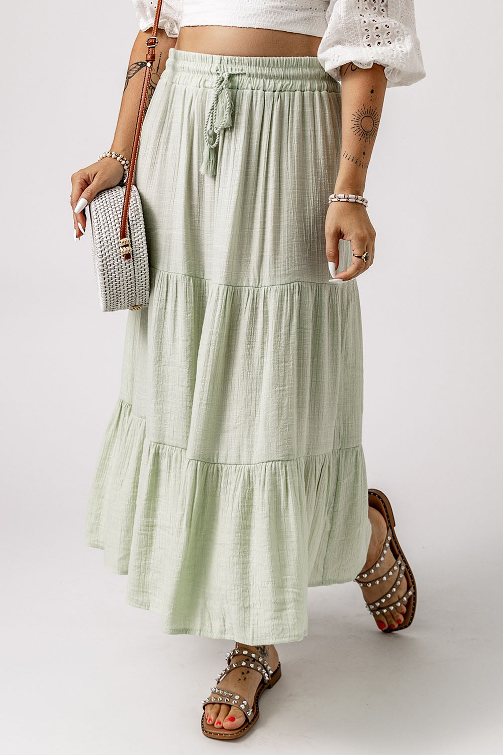 Green Drawstring High Waist Tiered Long Skirt