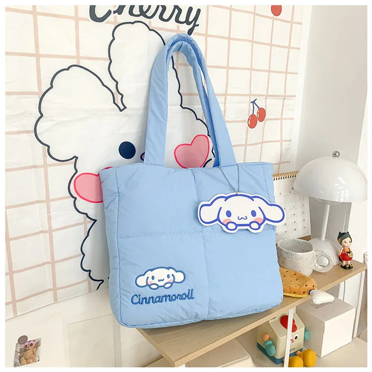 2024 New Sanrio Handbag Cartoon Cute Down Fabric Kuromi Tote Bag Shoulder Pacha Dog Cute Stationery Bag Large Capacity Handbag