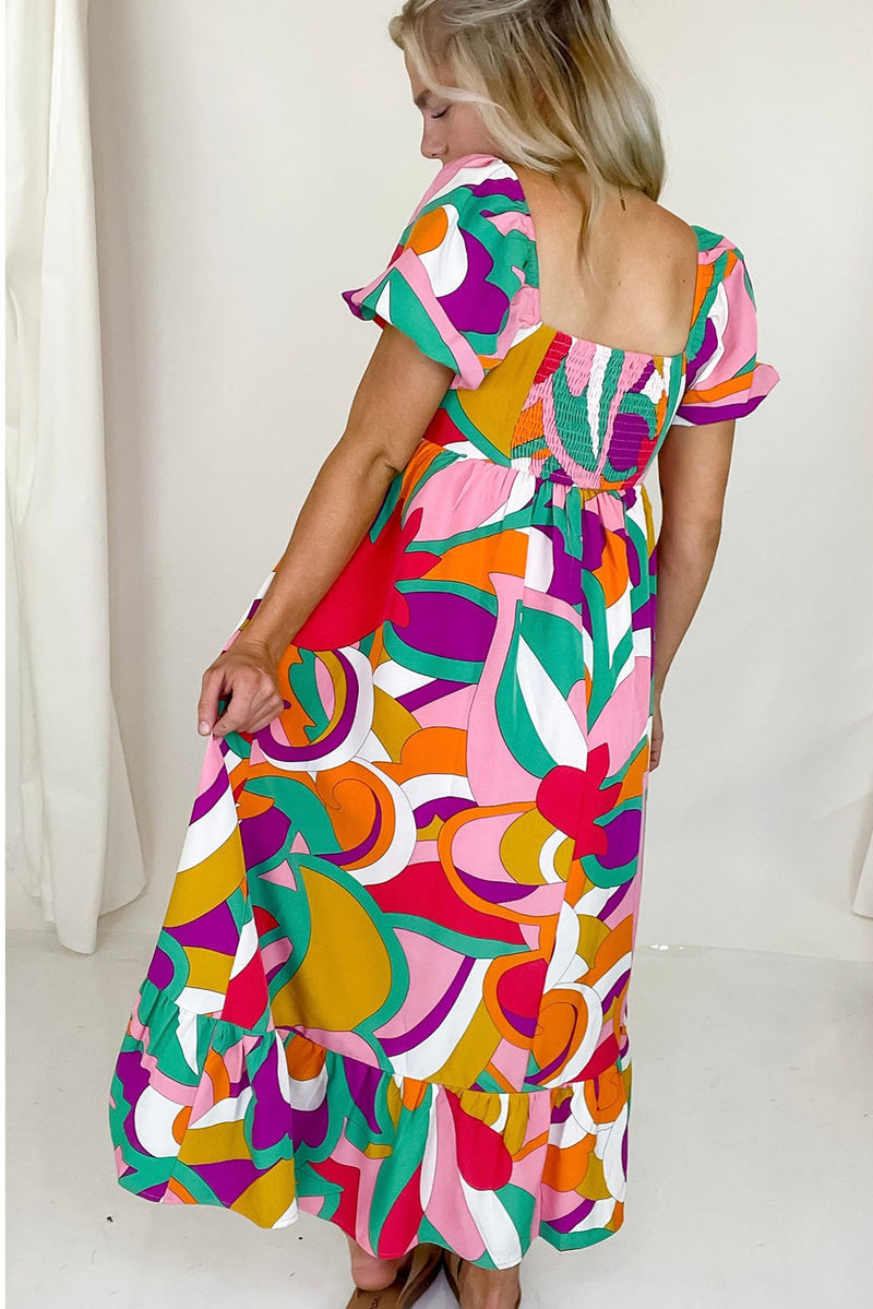 Abstract Print Square Neck Flowy Midi Dress