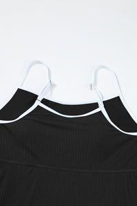 Black Sporty Ribbed Spaghetti Straps One Piece Swimdress