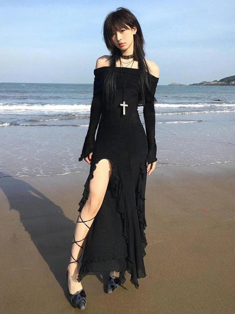 Rockmore Black Slash Neck Party Dresses Elegant Fashion Ruffled Side Slit Slim Long Dress Off Shoulder Women Vacation vestidos