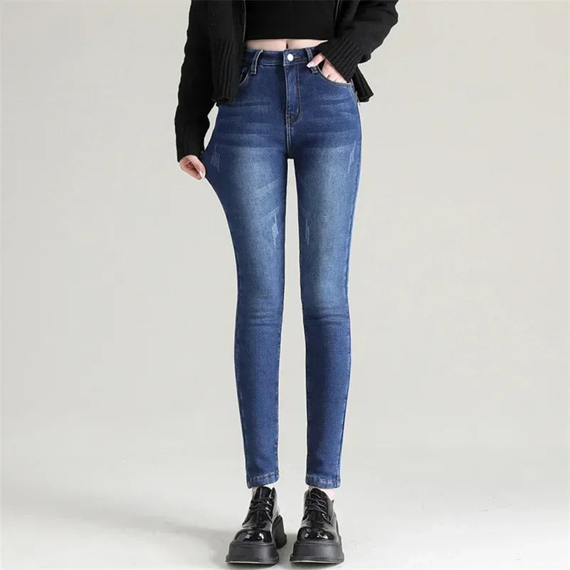 Women Thermal Skinny Jeans Mom Winter Warm Plush Stretch Jeans Lady Fleece Snow Denim Pants Student Pencil Straight Leg Trousers