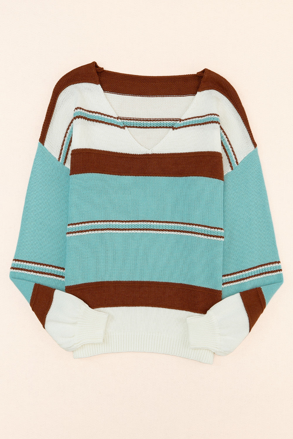 Coffee Striped Pattern Knit V Neck Sweater