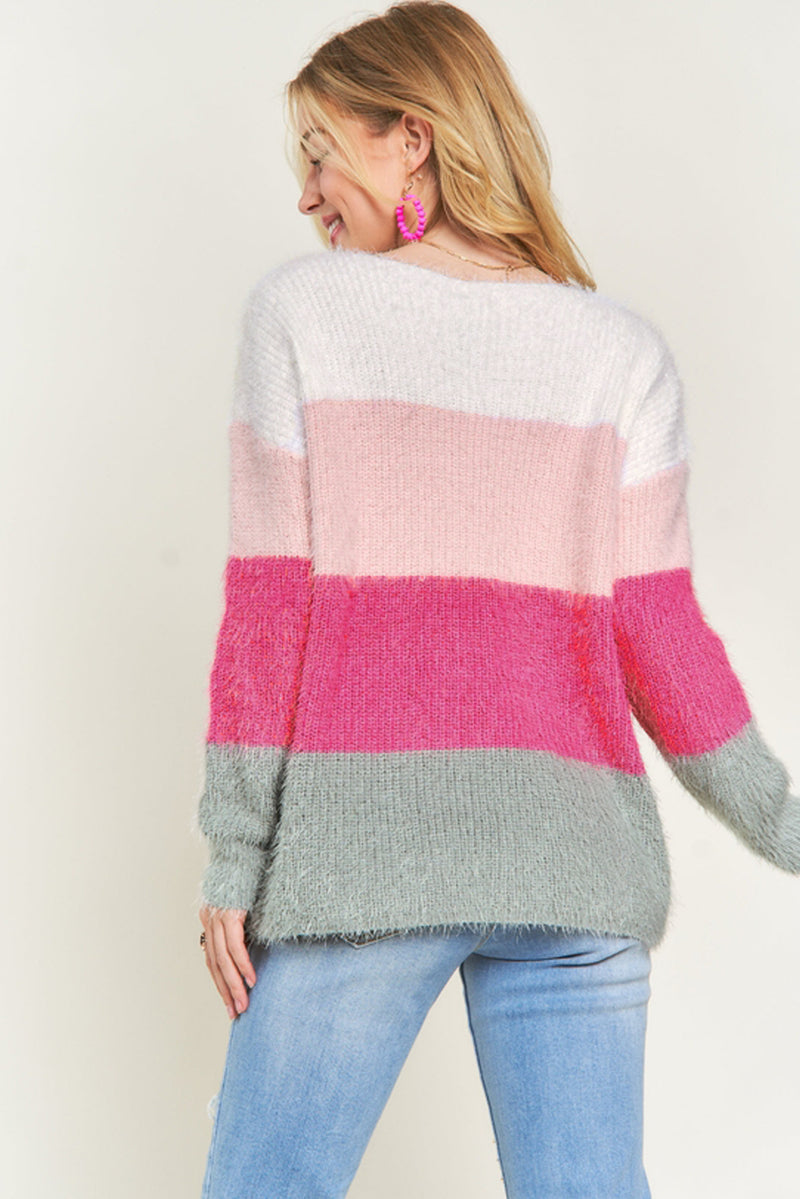 Striped Color Block Fuzzy V Neck Sweater