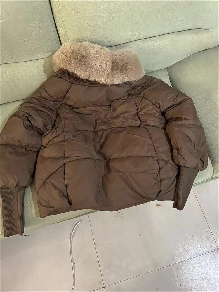 Winter New Fur Collar Puffer Down Parka Loose Down Warmer Thicken Snow Jacket Pocket Zipper Faux Fur Outerwear Female