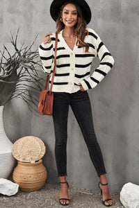 Striped V-Neck Buttoned Open Front Knitted Sweater