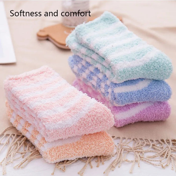 5 Pairs Women's Autumn and Winter Striped Coral Fleece Sleep Socks Thickened Warm Mid-Calf Home Socks Simple Floor Socks