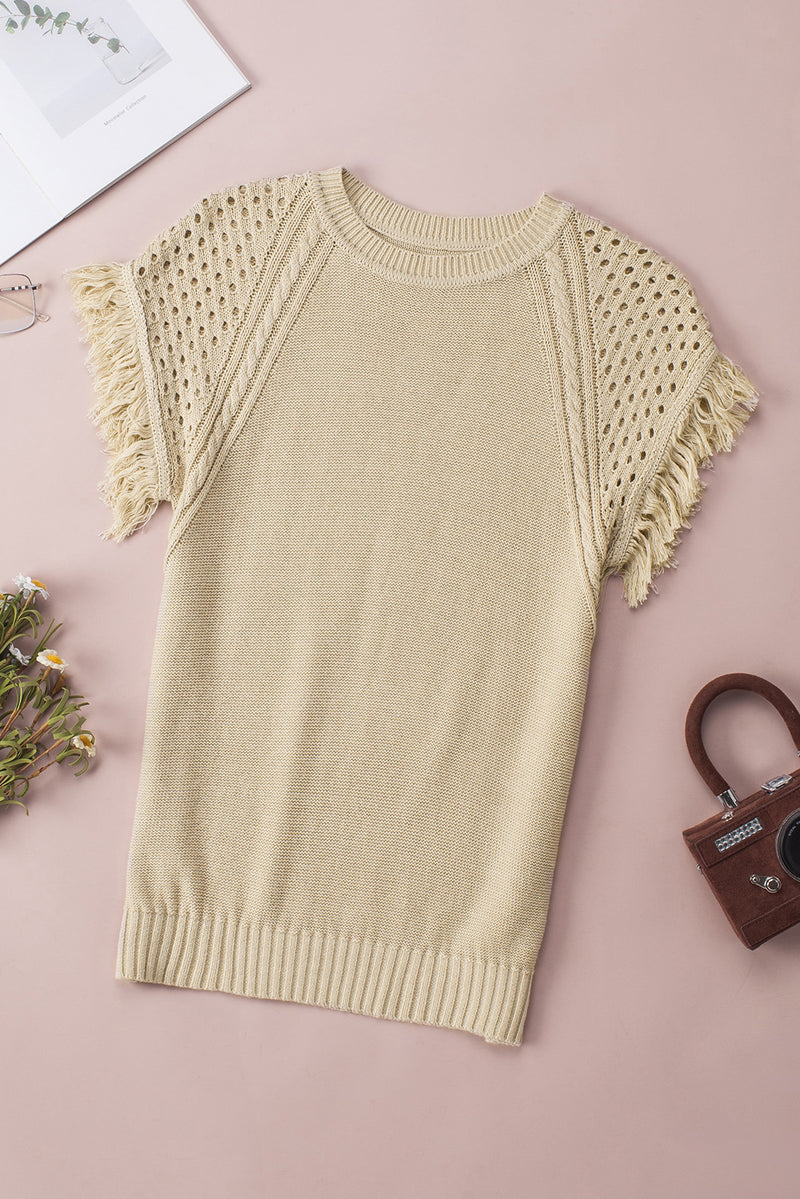 Apricot Fringed Hollow-out Short Sleeves Sweater