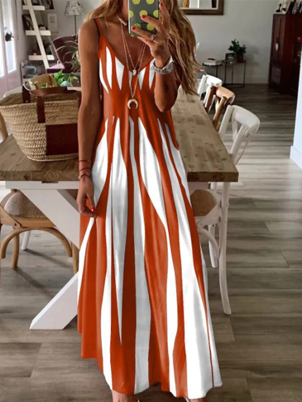 Sexy Sleeveless Dress Women Black White Stripe Printed Long Dresses Summer Casual Vacation Party Dress Robe