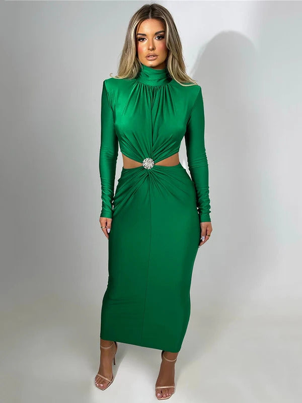 Mozision Elegant Hollow Out Sexy Maxi Dress For Women Autumn Winter New Turtleneck Long Sleeve Bodycon Club Party Evening Dress