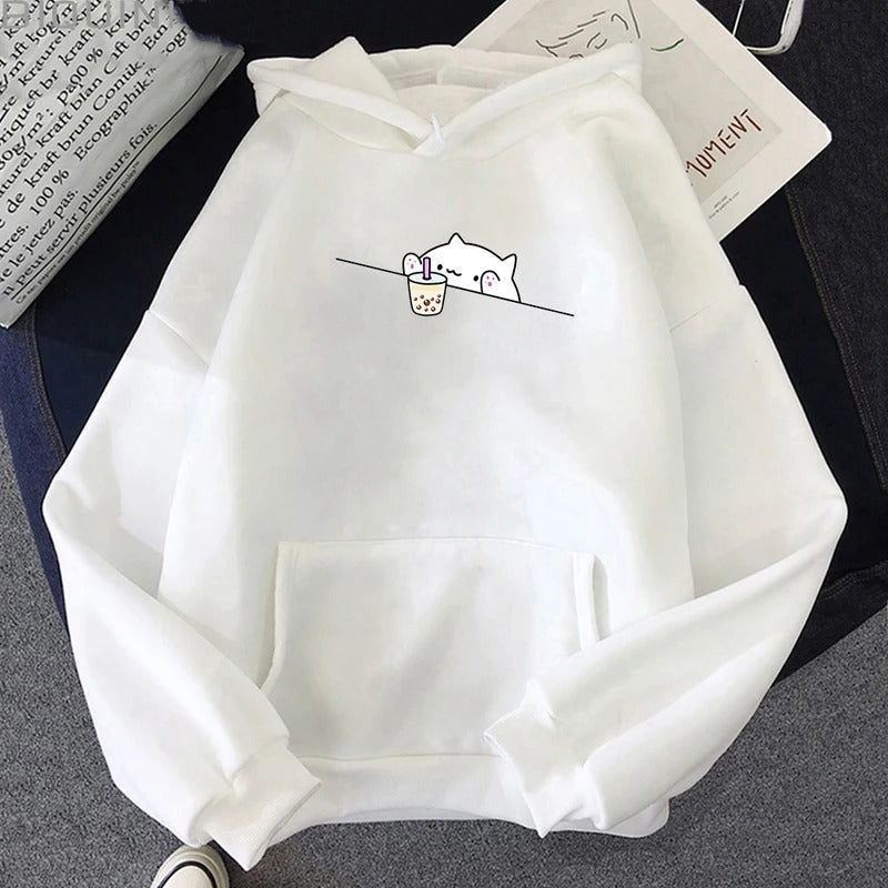 Bubble Tea Graphic Printed Casual Pullover Cartoon Female Hooded Clothes Plus Size Hoodie Kawaii Cat And Boba Women Sweatshirts