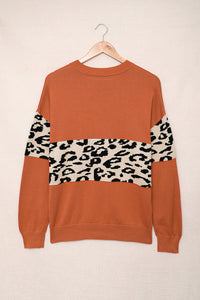 Black Leopard Colorblock V Neck Knit Sweater