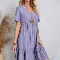 Women Summer Peplum Dresses Spring V-Neck Short Sleeve Loose Waist Ruffle Fit Flare Vocation Dresses