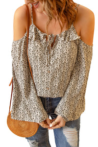 Animal Print Frilled Cold Shoulder Bell Sleeve Blouse