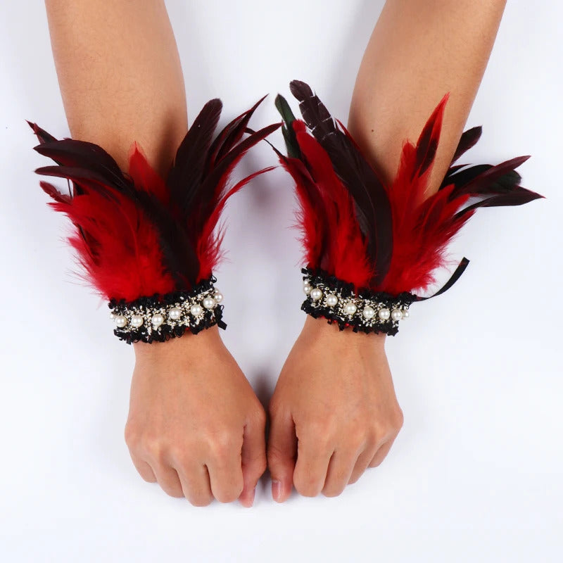 Gothic Rooster Feather Wrist Cuffs Natural Dyed Feather Arm Warmers Halloween Cosplay Party Rave Stage Performance Accessories