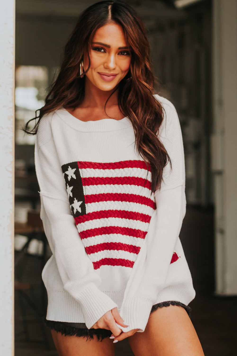 White American Flag Cable Knit Drop Shoulder Sweater