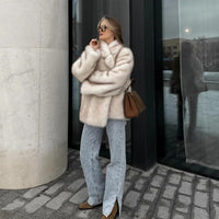 Solid Fluffy Faux Fur Women Thick Coat Fashion Warm Lapel Long Sleeve Short Jackets 2024 Winter Female Elegant Street Outerwear