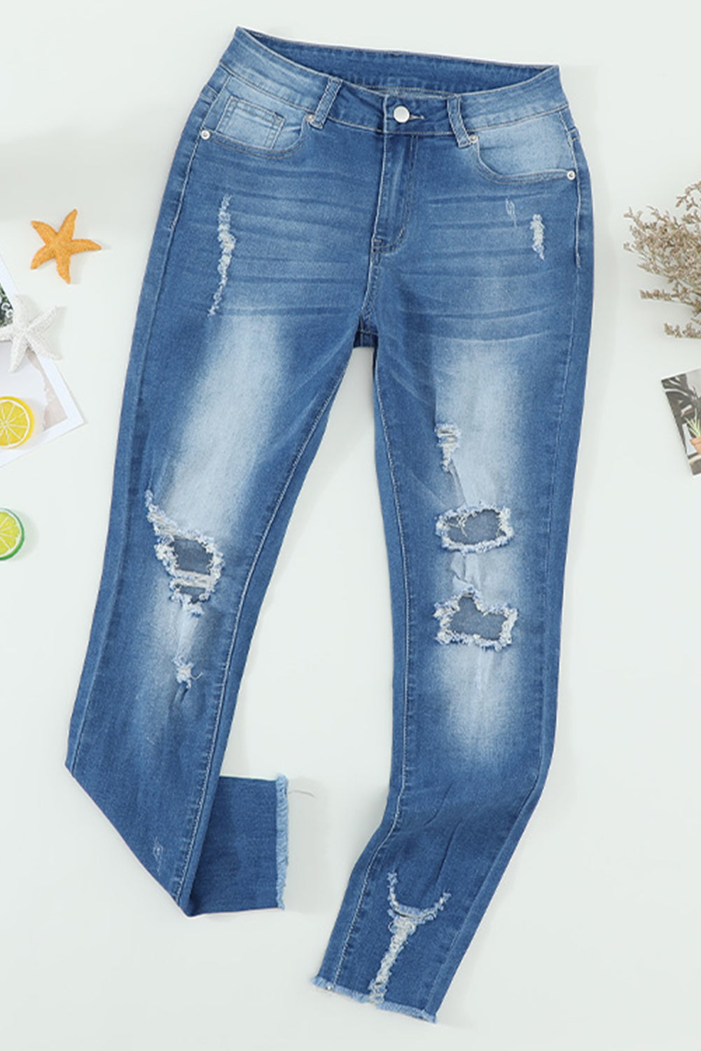 Faded Mid High Rise Jeans with Holes