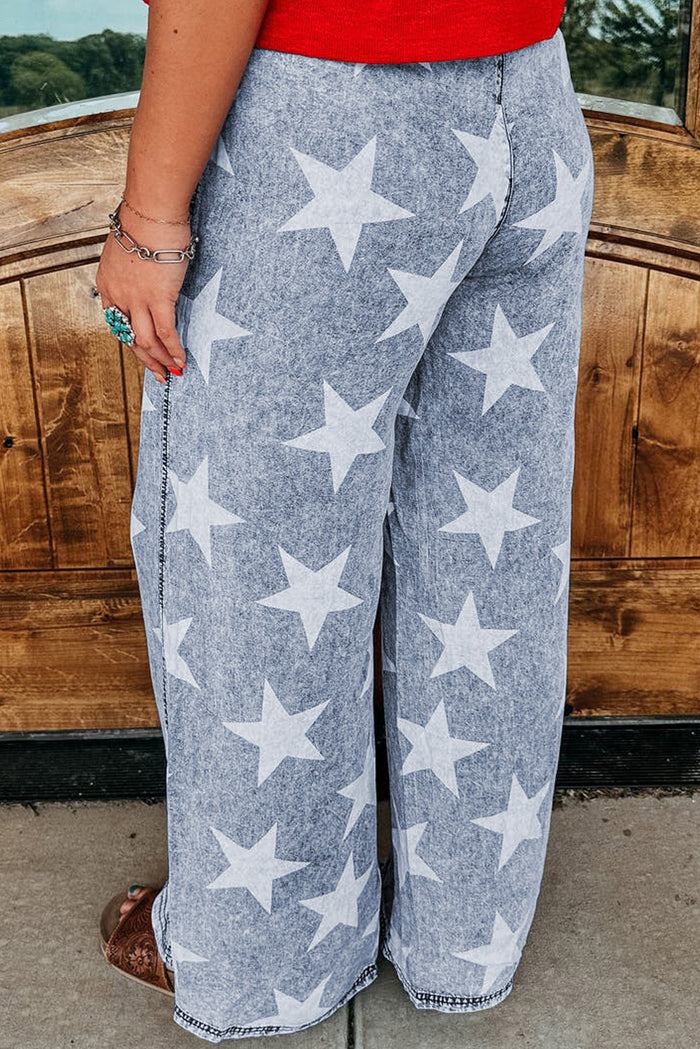 Light Blue Star Print Light Wash Drawstring High Waist Wide Leg Jeans