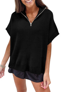 Black Quarter Zip Short Batwing Sleeve Sweater