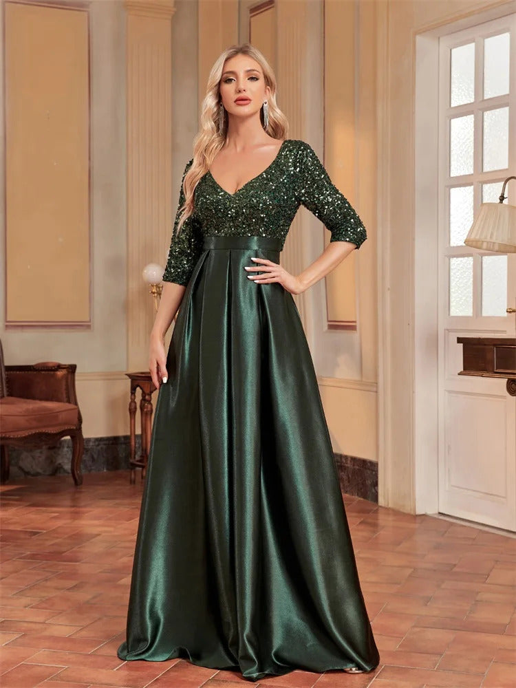 Lucyinlove Elegant Short sleeve Sequins Evening Dress 2024 Women Satin Prom Party Green Dress Floor Length Formal Cocktail Gown