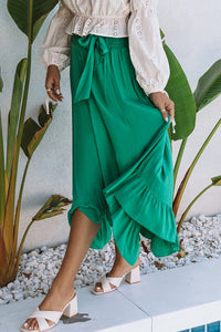 Green Asymmetric Flounce Belted High Waist Maxi Skirts