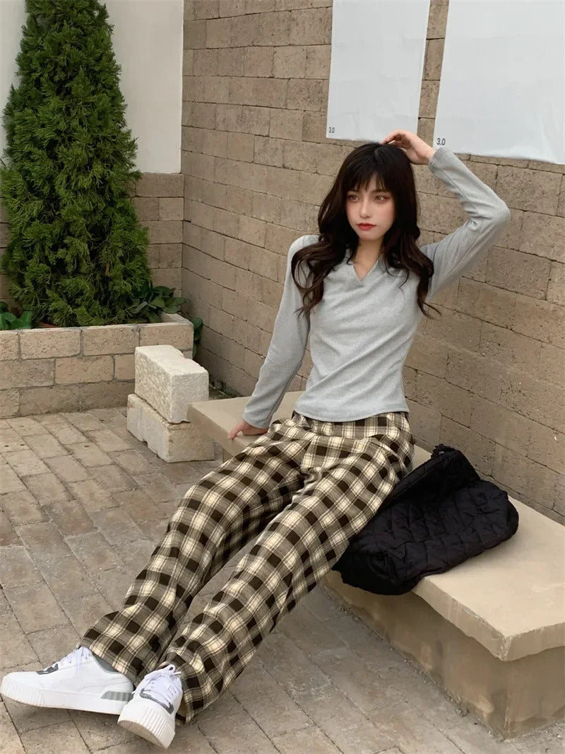 Fashion Warm Plush Pants Cashmere Thick Plaid Ladies Winter Casual Loose Wide-legged Pants Korean Streetwear Students