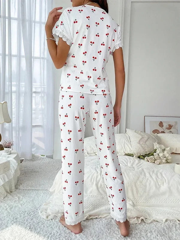 Lace Trim Women Pajama Set Short Sleeve Front Button Top & Full-Length Pants Cherry Print 2 Pieces Sleepwear Nightwear Homewear