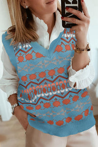 Sky Blue Tribal Print V Neck Knitted Sweater Vest