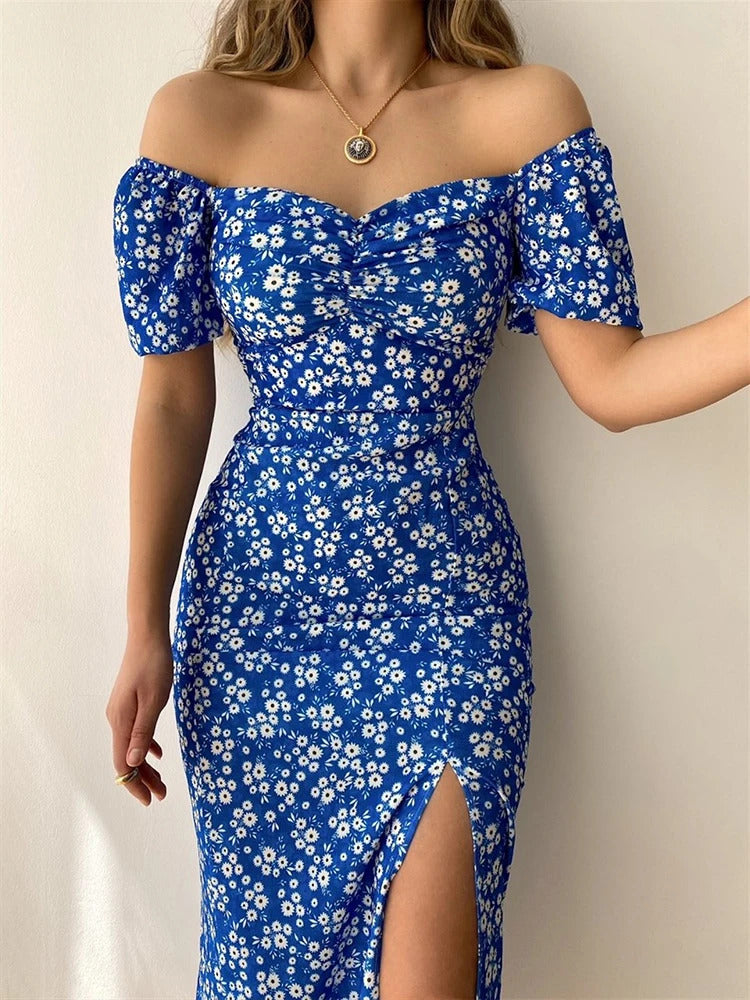 Sexy Floral Print Short Sleeve Hip Wrap Party Dress Elegant Off Shoulder Backless Dress New Summer Waist Slit Boho Long Dresses