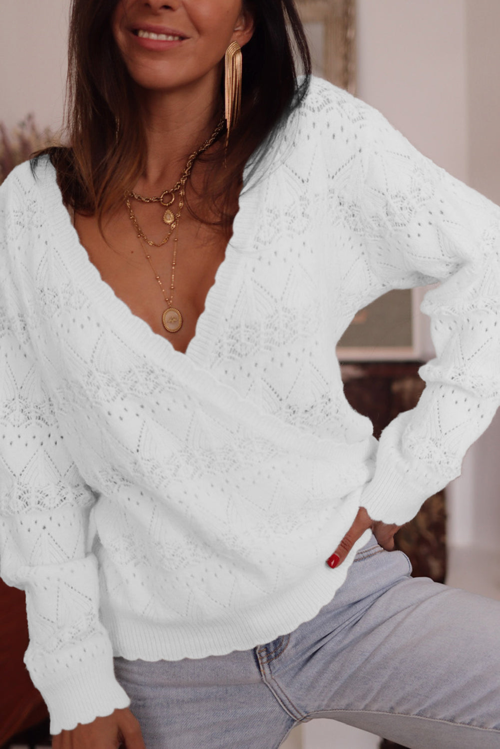 White Surplice V Openwork Textured Sweater