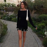 Elegant Round Neck Pleat Long Sleeve Women's Dress Casual Slim Black White Short Dresses 2024 New Female Chic Party Street Robes