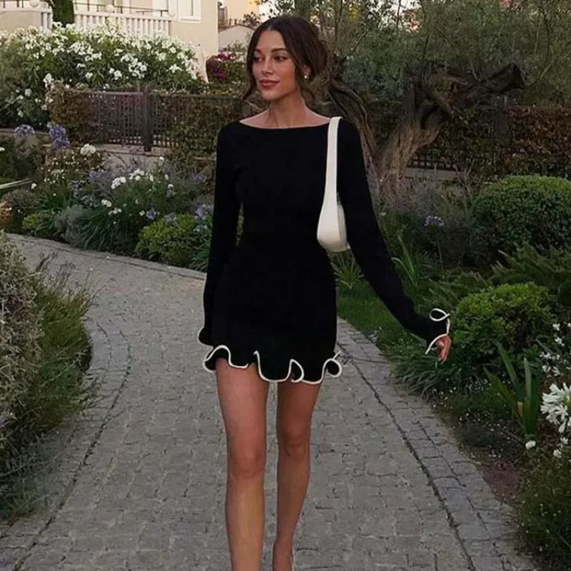 Elegant Round Neck Pleat Long Sleeve Women's Dress Casual Slim Black White Short Dresses 2024 New Female Chic Party Street Robes