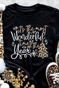 Black Wonderful Christmas Season Leopard Graphic Tee