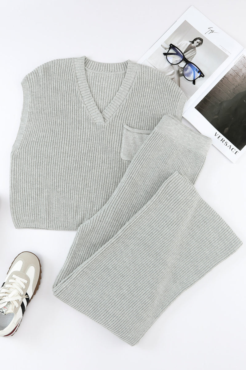 Gray Knitted V Neck Sweater and Casual Pants Set