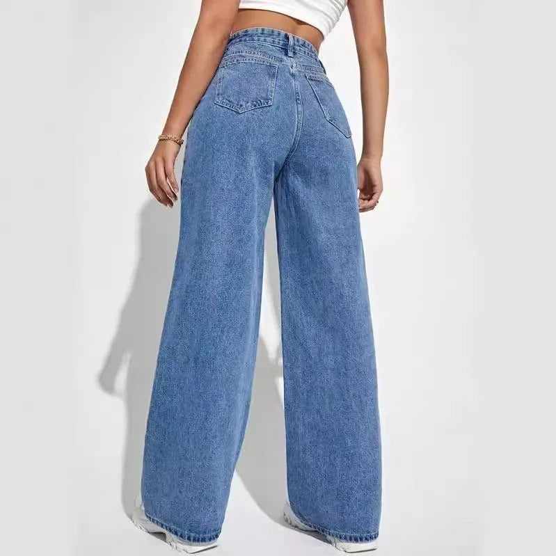 2024 new women's wear European and American loose Denim wide leg pants slimming high waist all-match jeans for women