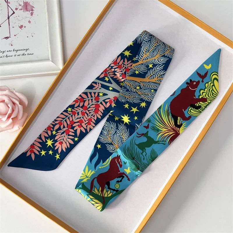 2022 Luxury Silk Scarf Slim Hair Accessories Fashion Bag Handle Ribbon Ladies Horse Print Headband Belt Ladies Fall New 60SKU