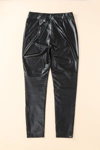 PU Leather Zipper Ripped Ruched High Waist Leggings