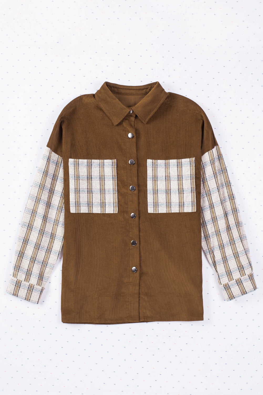 Brown Plaid Patchwork Corduroy Shirt Jacket with Pocket