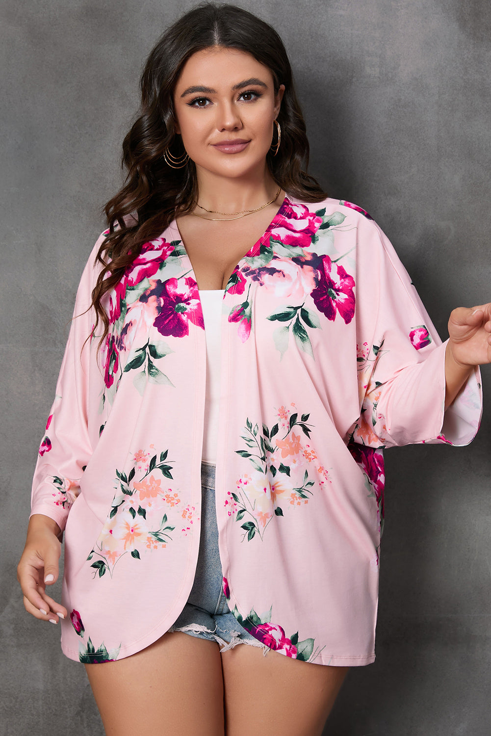 Pink Plus Size Floral Print Kimono