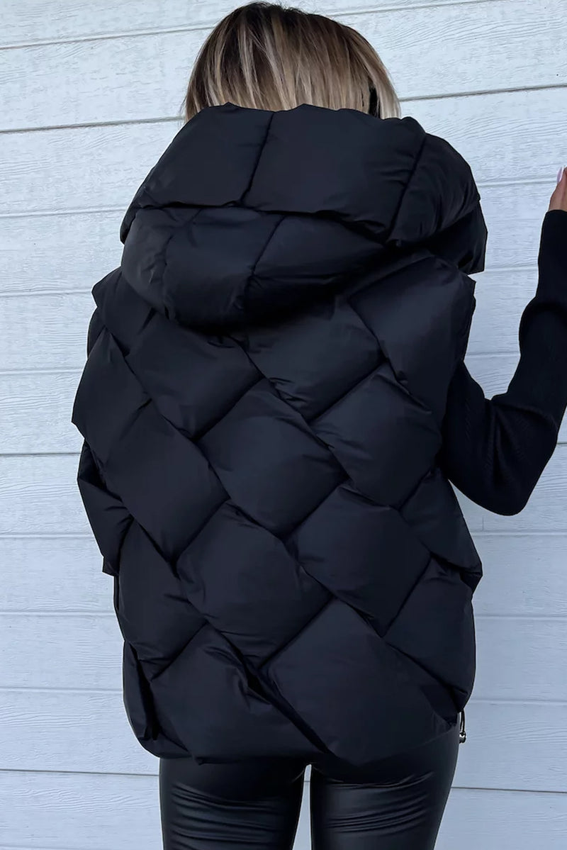 White Quilted Zipper Front Hooded Vest Coat