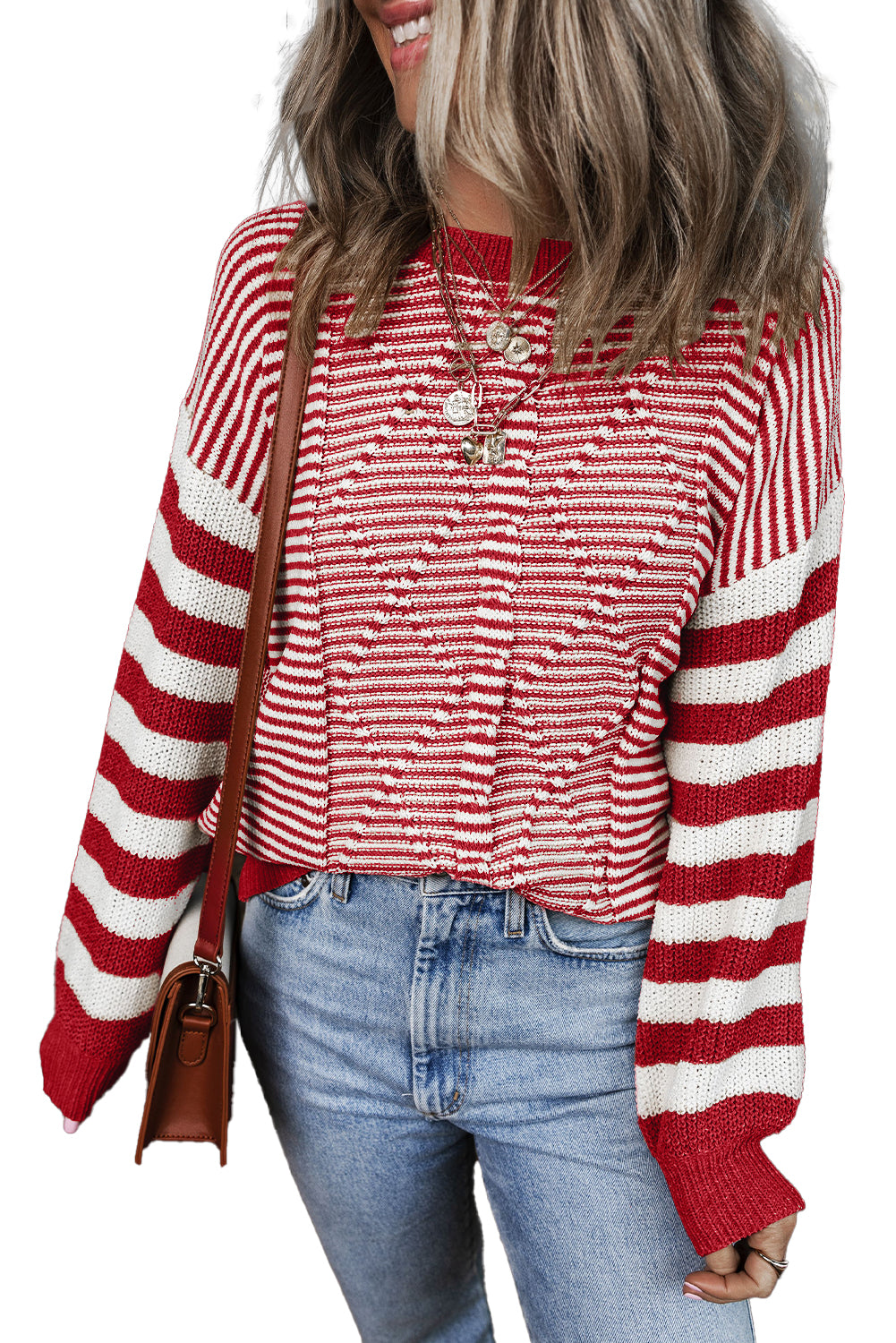 Red Stripe Geometric Textured Drop Shoulder Sweater