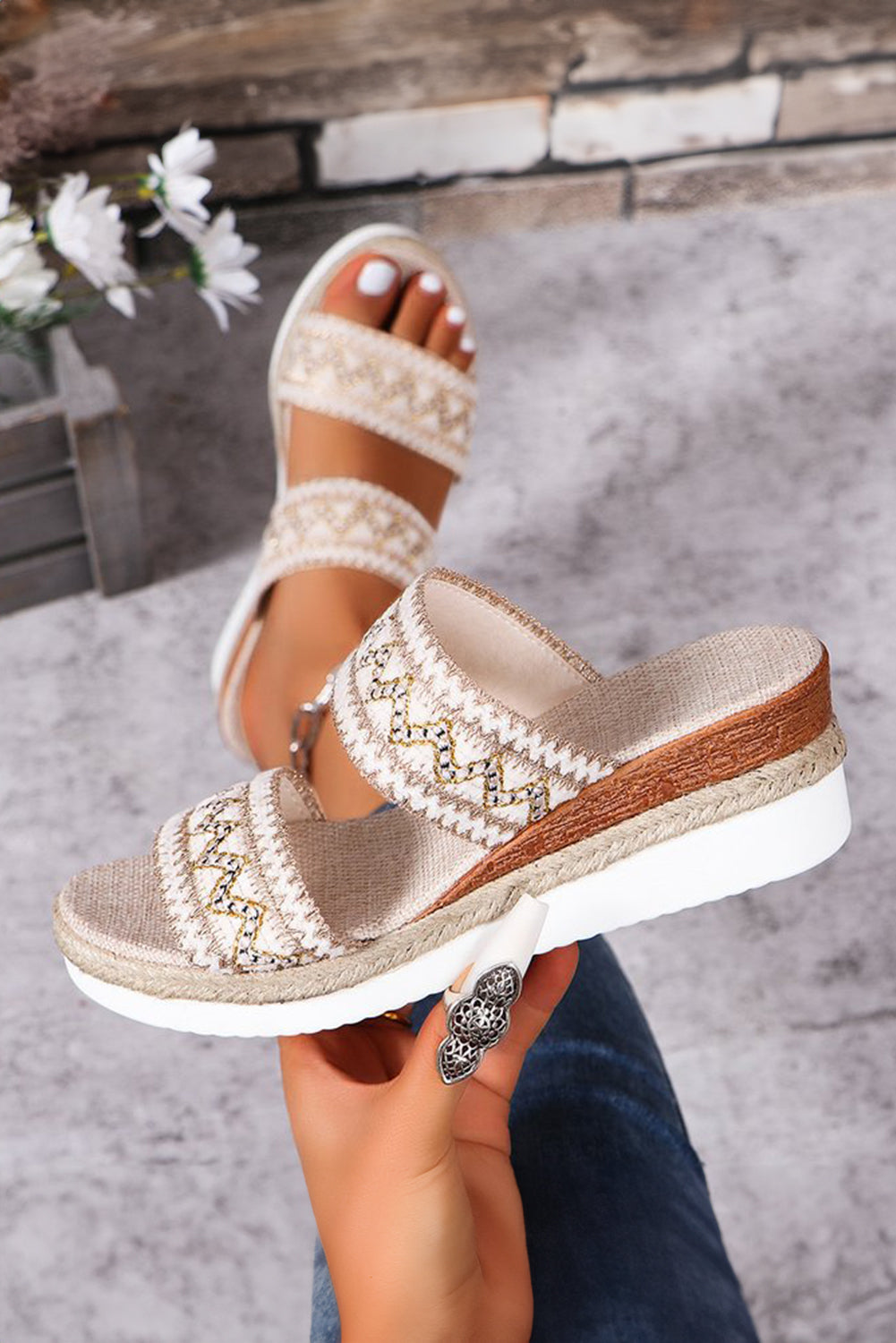 Beige Crochet Dual Band Wedge Slippers