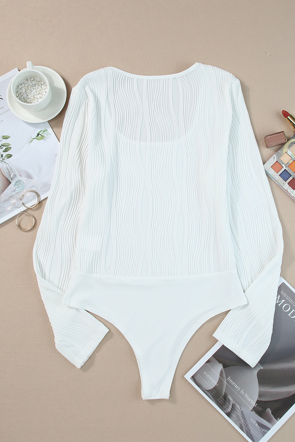 White Ribbed Knit Long Sleeve Square Neck Bodysuit