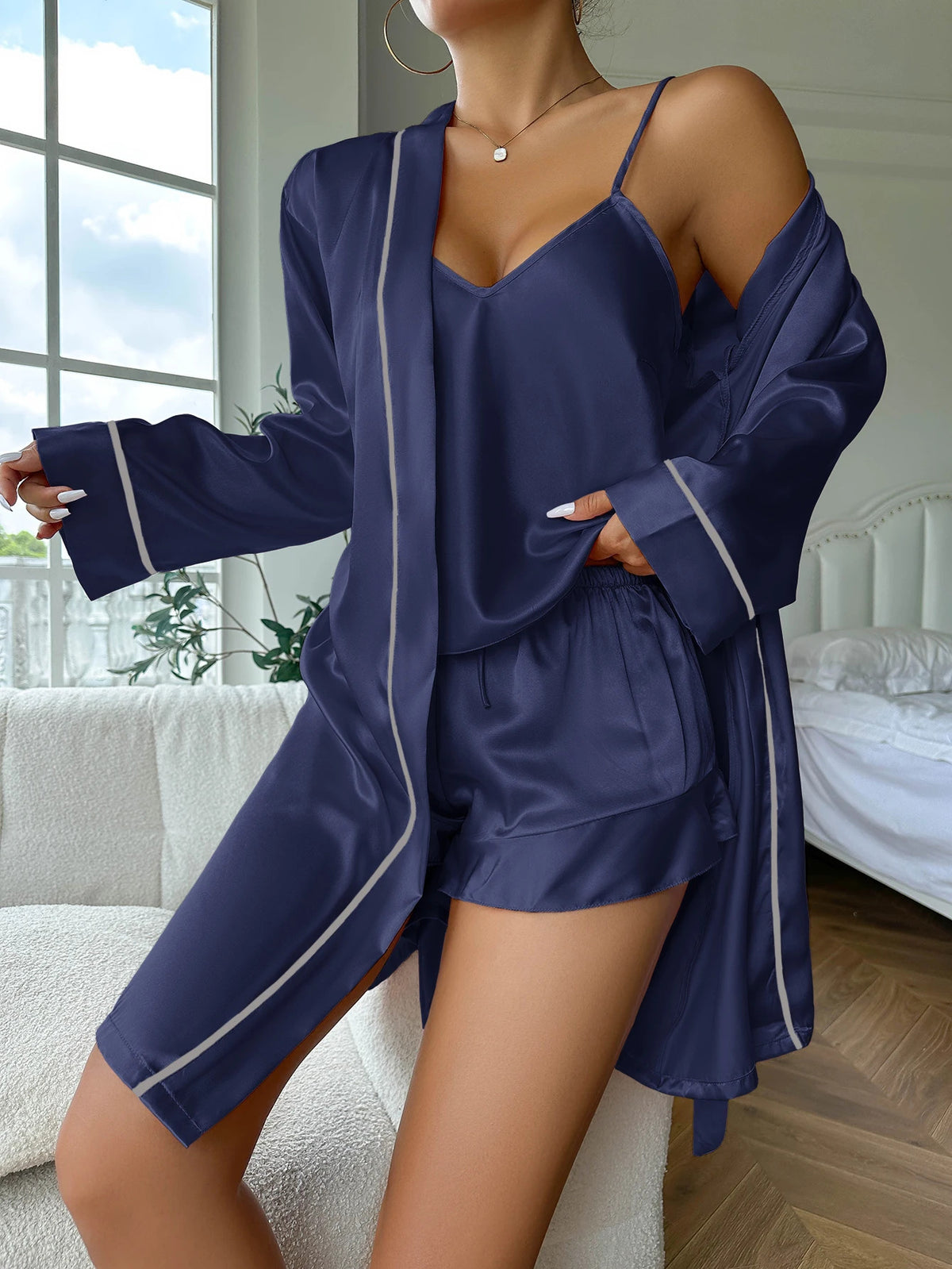 Simple Satin Pajama Set Long Sleeve Belted Robe  V Neck Cami Top And Shorts Women's Sleepwear