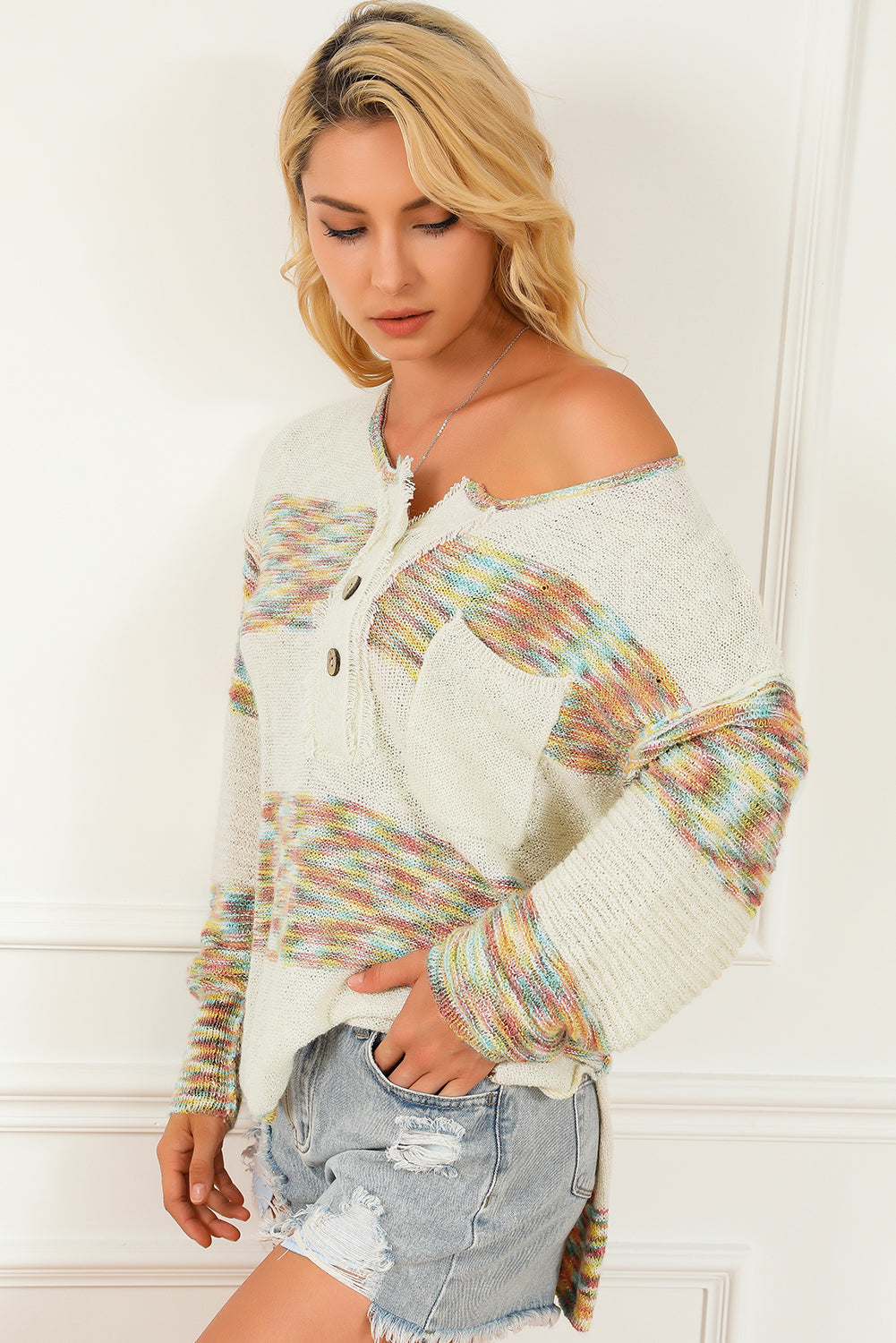 Multicolor Space Dye Henley Knit Sweater