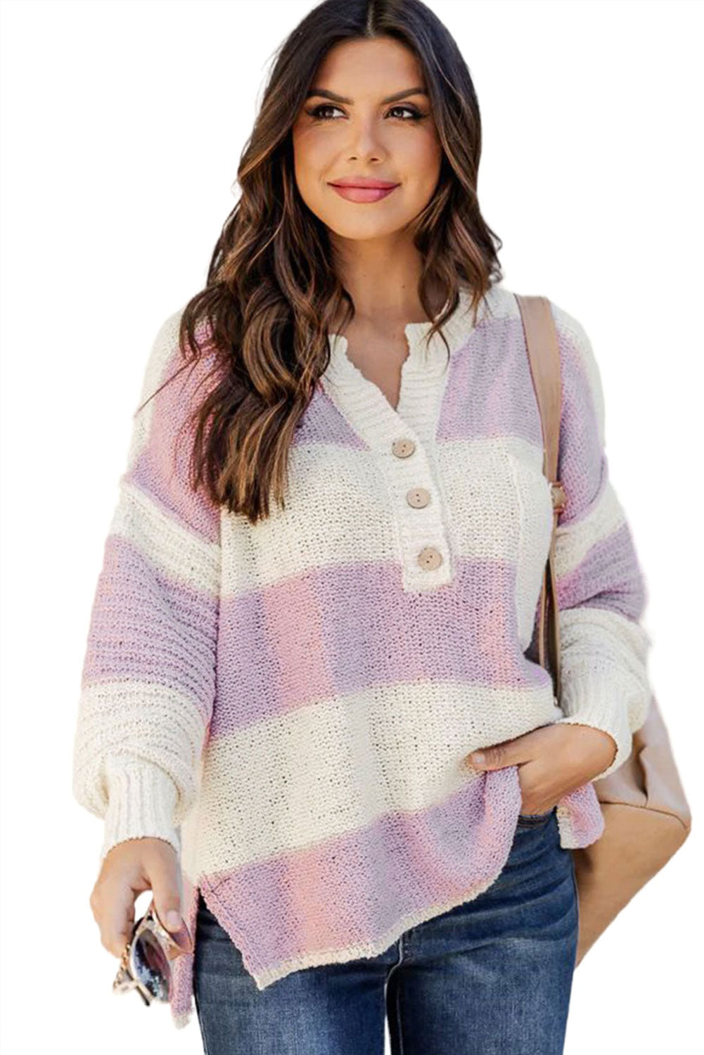 Pink Striped Knit Button Ribbed Split Neck Sweater