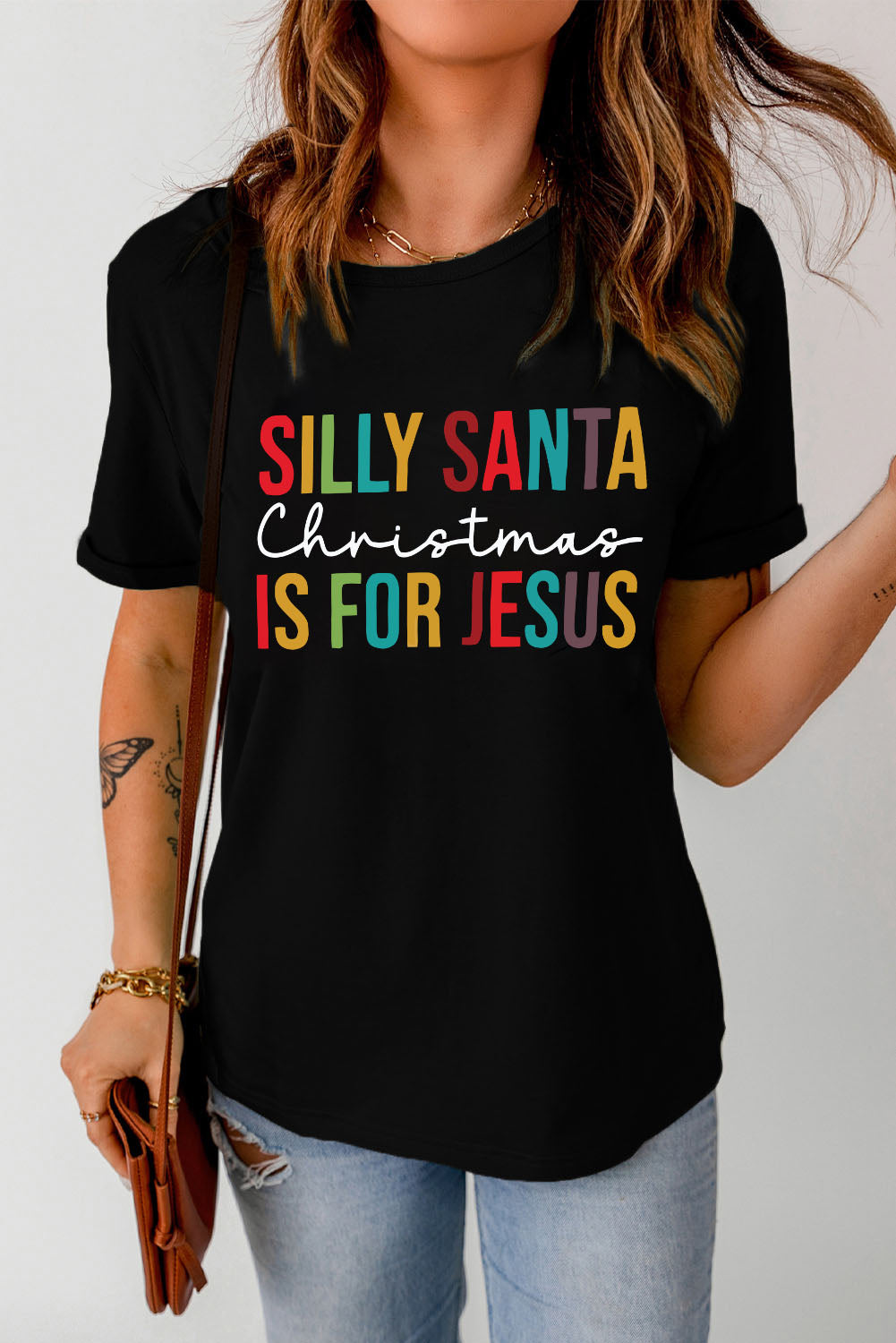 Black Silly Santa Christmas is For Jesus Graphic T Shirt