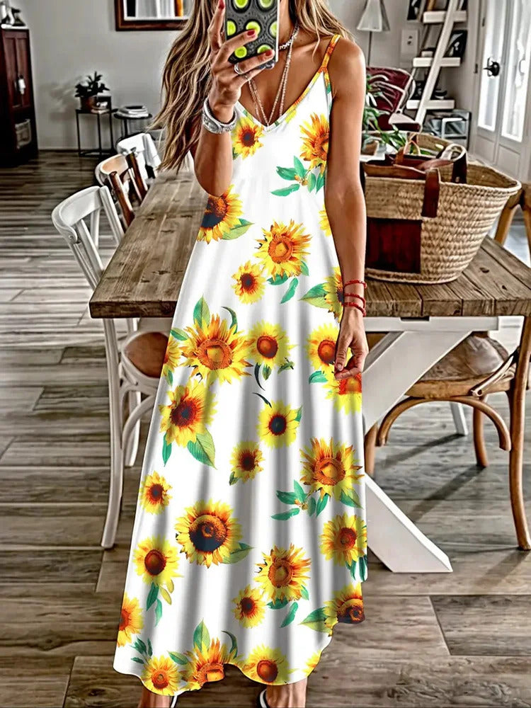 Hawaiian Vacation Travel Sexy V-neck Suspender Flower Dress Fresh Small Floral Street Fashion Sexy Party Dinner Evening Dress